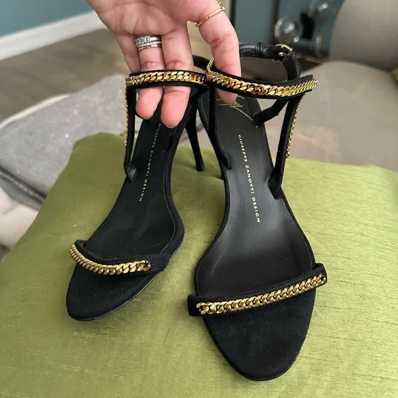 Giuseppe Coline Gold Chain Suede Sandal - Picture 1 of 6